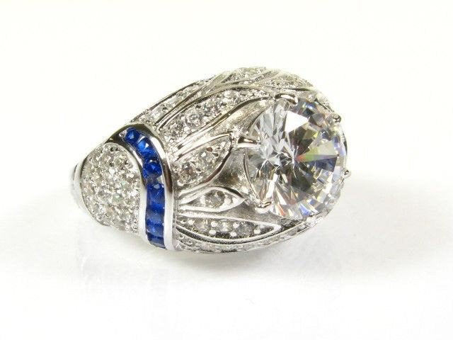Art Deco Style White Topaz and Sapphire in Sterling Silver Ring