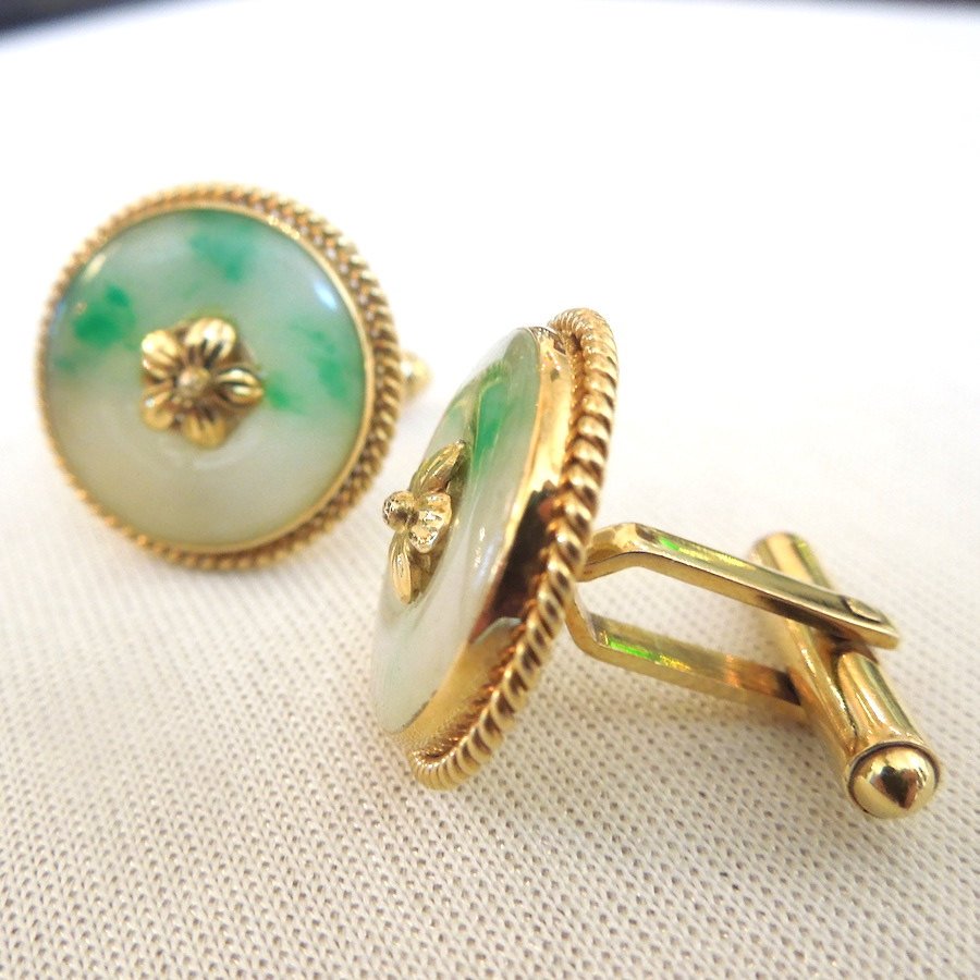 Large 14K Yellow Gold Jade Cufflinks