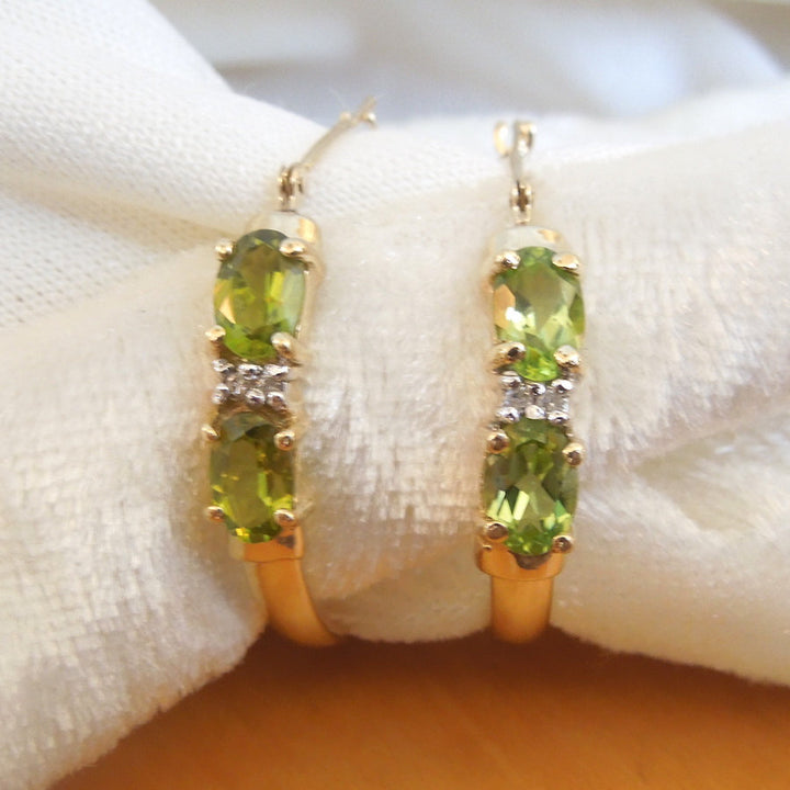 18K Yellow Gold Diamond and Peridot Hoop Earrings