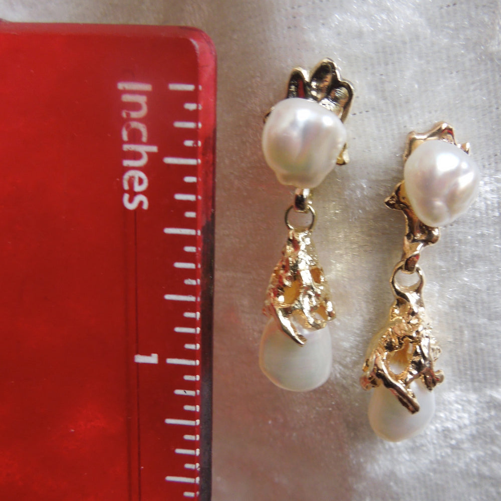 14K Yellow Gold Pearl Nugget Drop Earrings