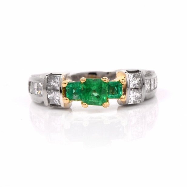 Three Emerald Ring in Bicolor 18K Mounting with Princess Cut Diamonds