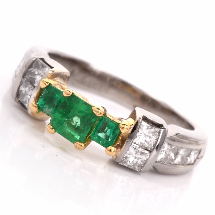 Three Emerald Ring in Bicolor 18K Mounting with Princess Cut Diamonds