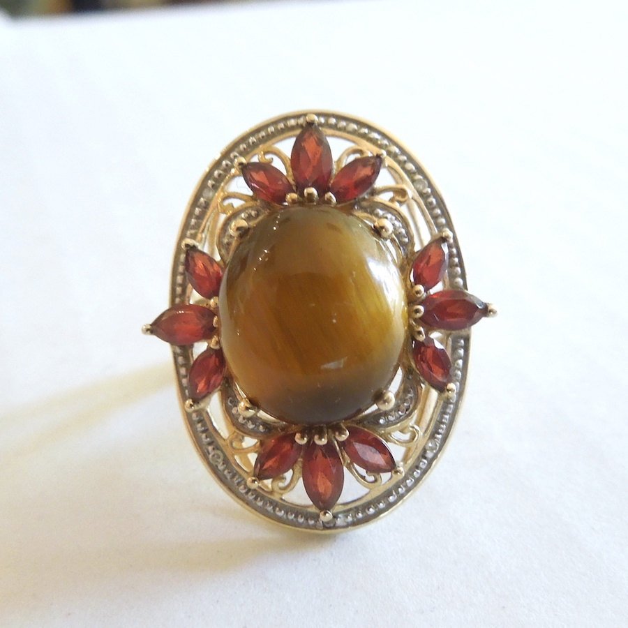 Tiger's Eye, Garnet, and Diamond Ring in Yellow Gold