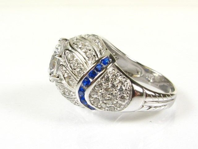 Art Deco Style White Topaz and Sapphire in Sterling Silver Ring