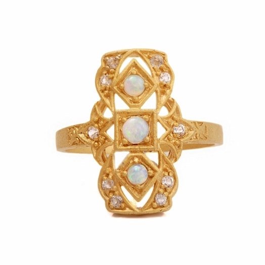 Goldtone Sterling Silver Opal and White Topaz Filigree Navette Ring