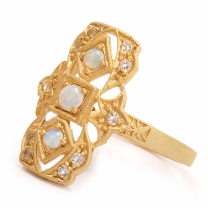 Goldtone Sterling Silver Opal and White Topaz Filigree Navette Ring