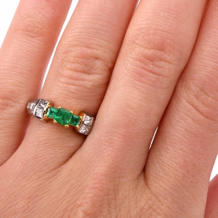 Three Emerald Ring in Bicolor 18K Mounting with Princess Cut Diamonds