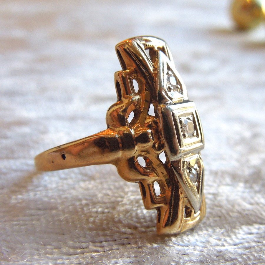 Victorian Bicolor Gold and Diamond Navette Ring