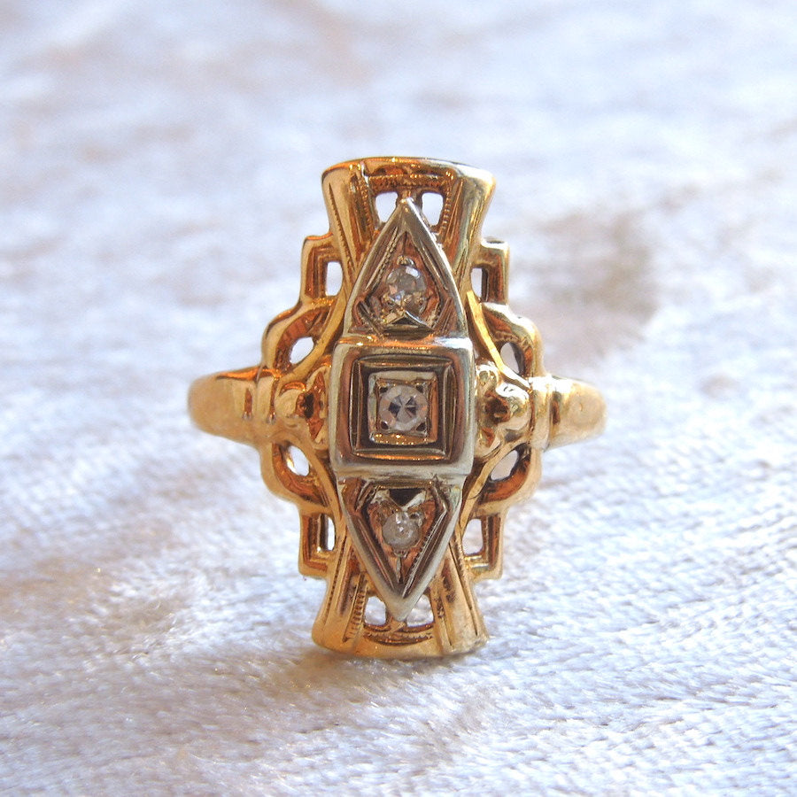 Victorian Bicolor Gold and Diamond Navette Ring