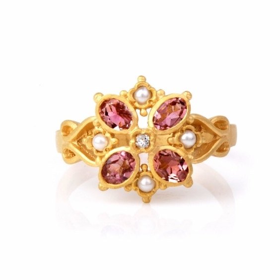 Victorian Style Tourmaline, White Topaz, and Seed Pearl Ring