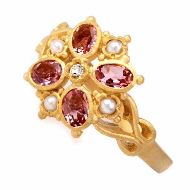 Victorian Style Tourmaline, White Topaz, and Seed Pearl Ring