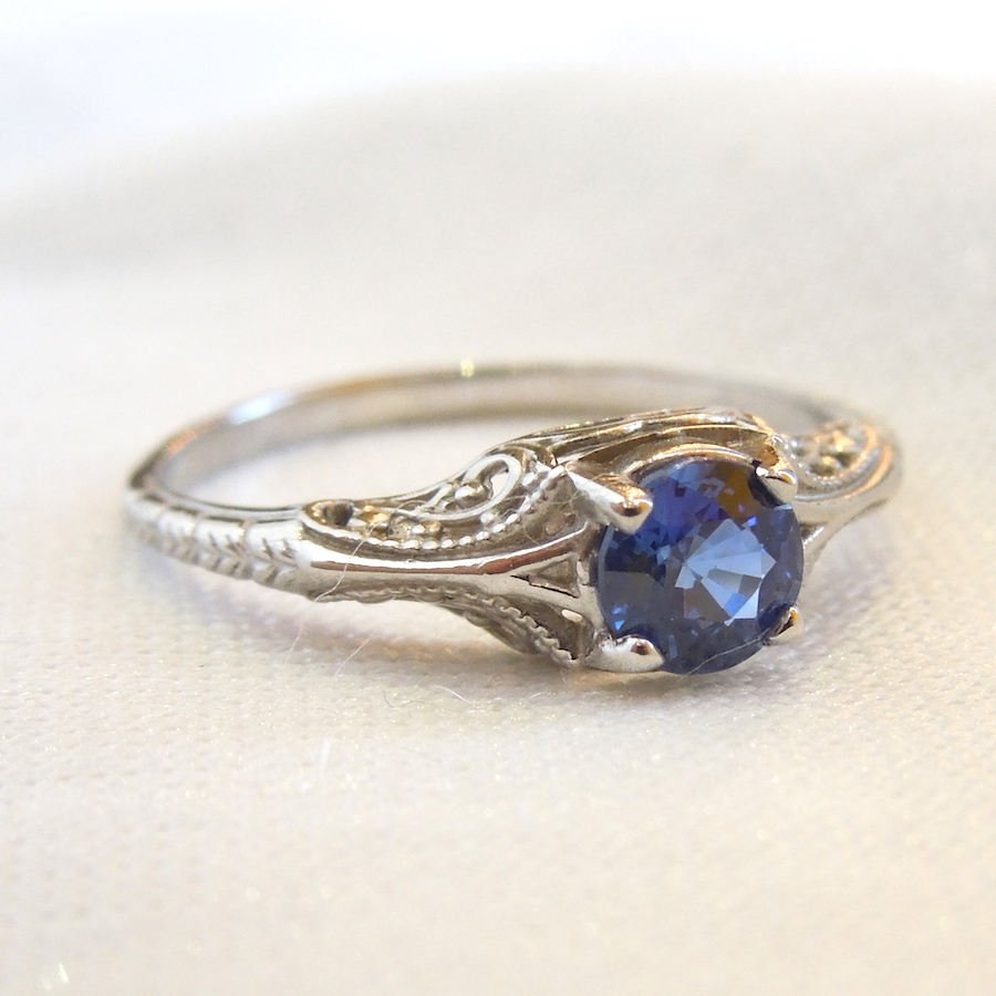 Fine Half Carat Sapphire in Petite Engraved Mounting - 14K White Gold