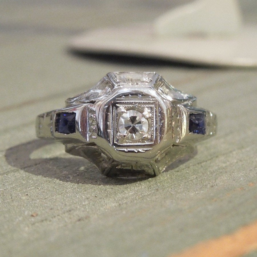 18K White Gold Diamond and Sapphire Art Deco Engagement Ring