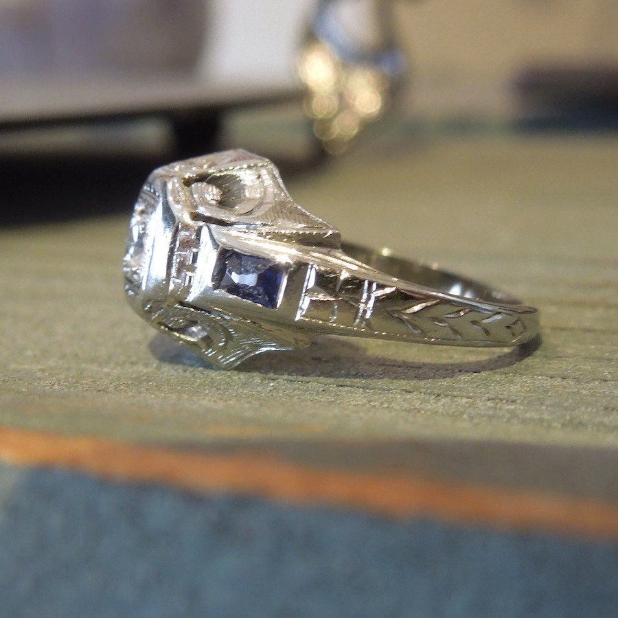 18K White Gold Diamond and Sapphire Art Deco Engagement Ring