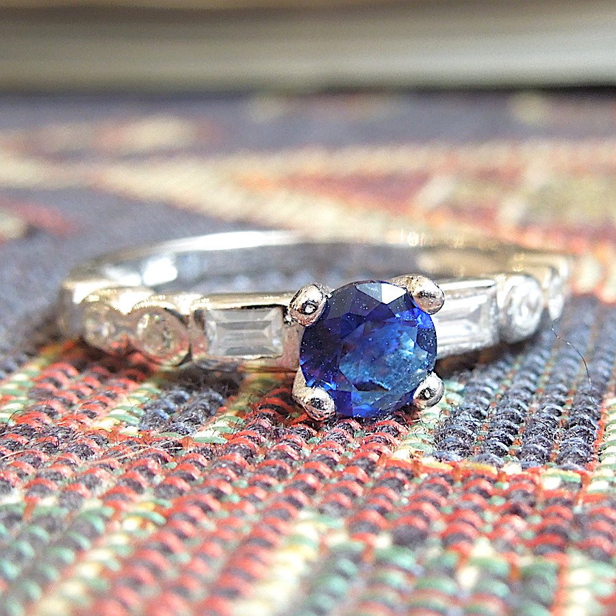 1 ct Round Sapphire Ring with White Topaz in Sterling Silver