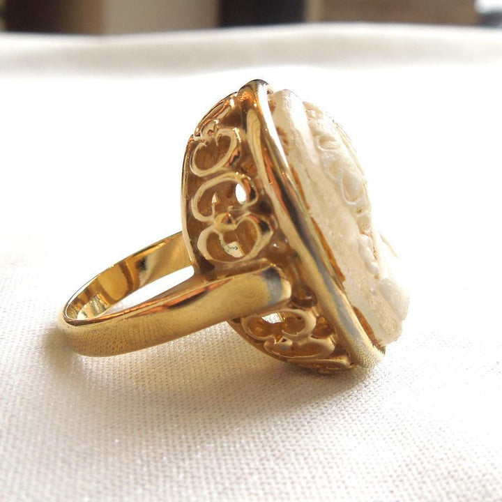 Cameo in Yellow Gold Plated Ring with Filigree