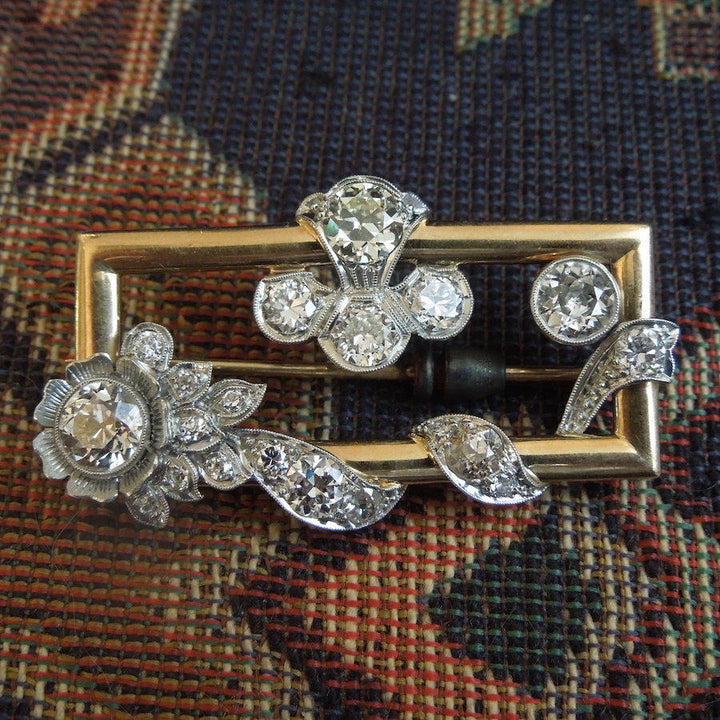 Platinum and Yellow Gold Old Cut Diamond Brooch - Floral Motif