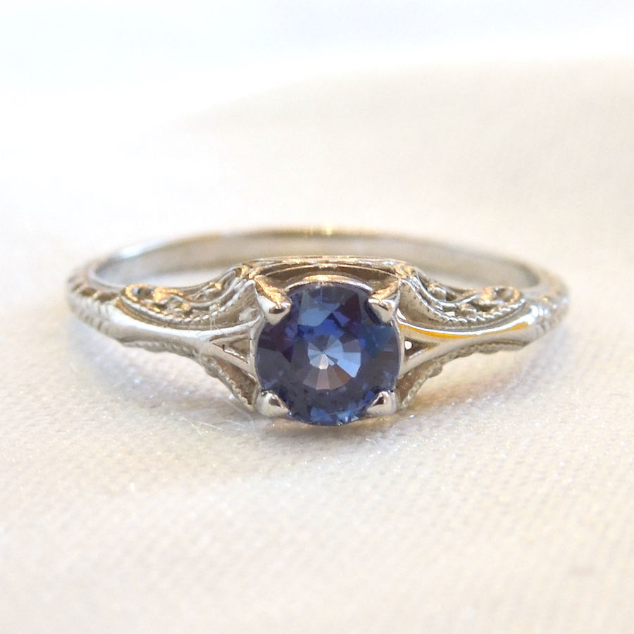 Fine Half Carat Sapphire in Petite Engraved Mounting - 14K White Gold
