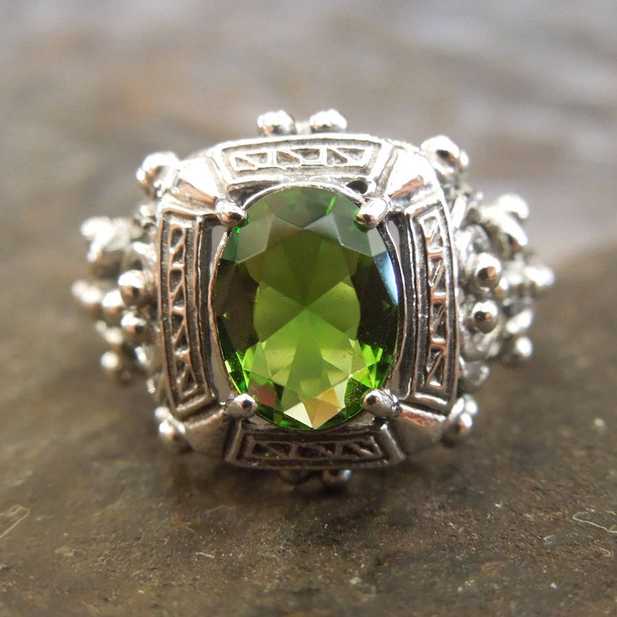 Victorian Style Oval Peridot Ring in Sterling Silver