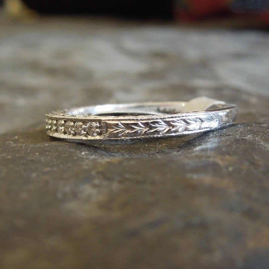 Art Deco Stye Engraved Diamond Wedding Band