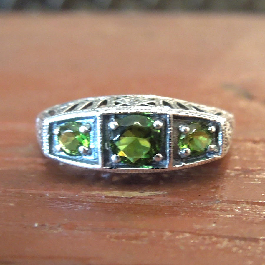 Natural  Peridot - Three Stone Ring - Art Deco Style - Sterling Silver