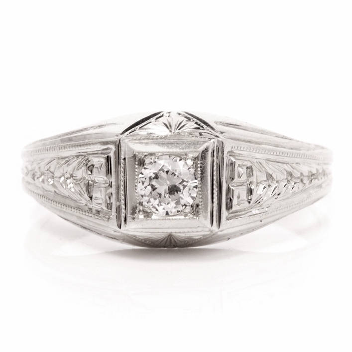 18K White Gold Art Deco Engagement Ring - 0.15ct Old European Cut Diamond