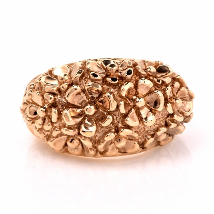 14K Italian Yellow Gold Dome Ring - Flower Motif