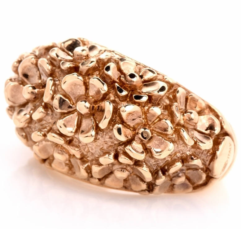 14K Italian Yellow Gold Dome Ring - Flower Motif