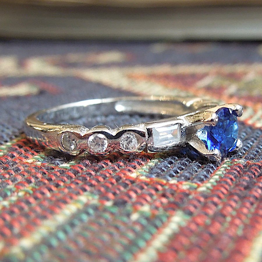 1 ct Round Sapphire Ring with White Topaz in Sterling Silver