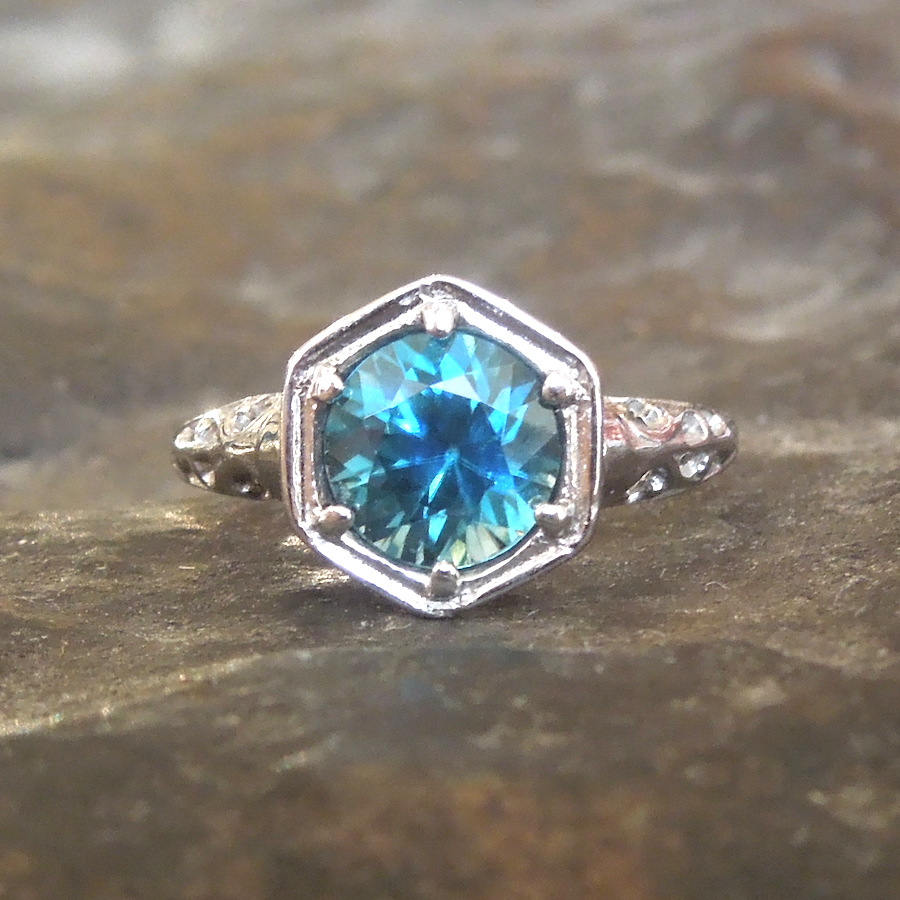 Hexagonal Art Deco Style Filigree Mounting with Blue Zircon