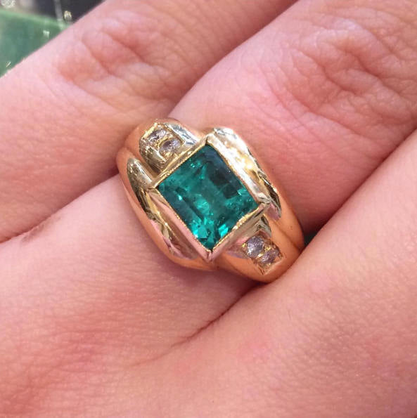 18K Yellow Gold Emerald Cut Emerald & Diamond Ring