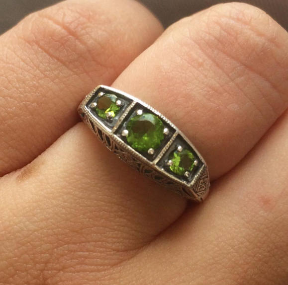 Natural  Peridot - Three Stone Ring - Art Deco Style - Sterling Silver