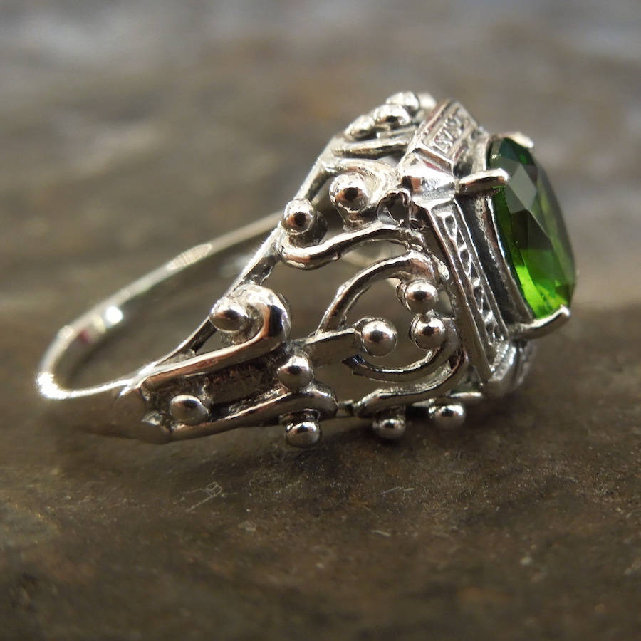 Victorian Style Oval Peridot Ring in Sterling Silver