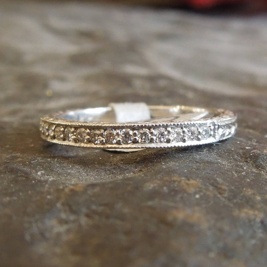 Art Deco Stye Engraved Diamond Wedding Band
