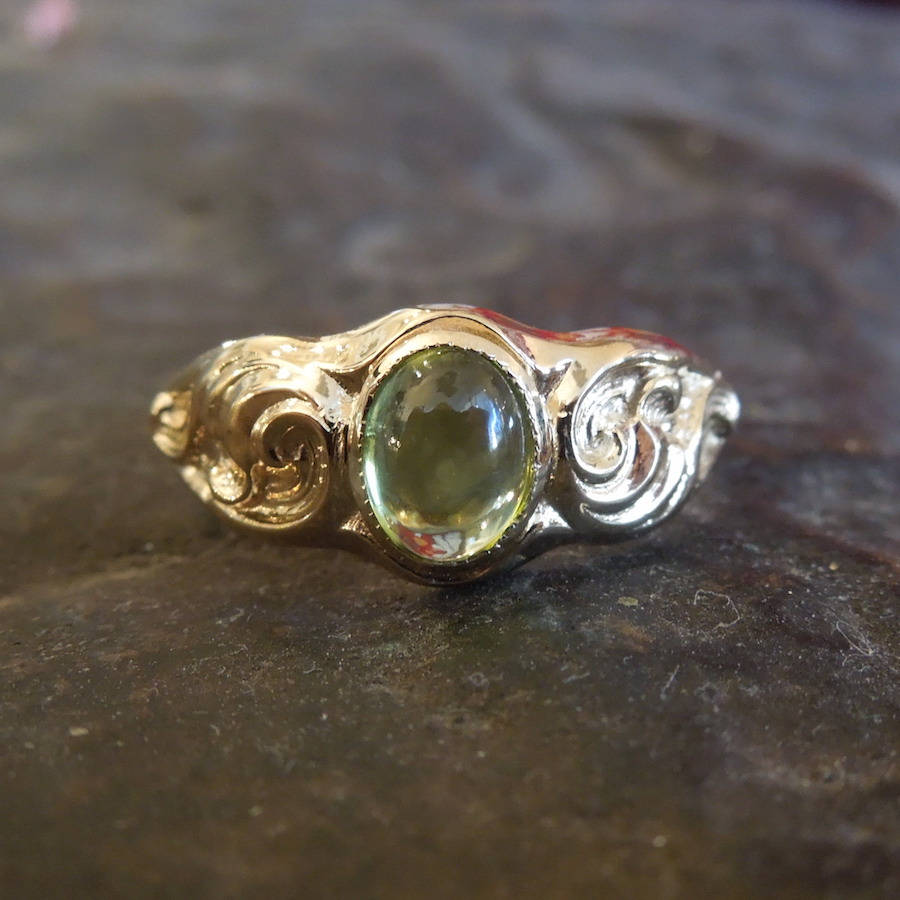 Oval Cabochon Peridot in Victorian Style Yellow Gold Ring
