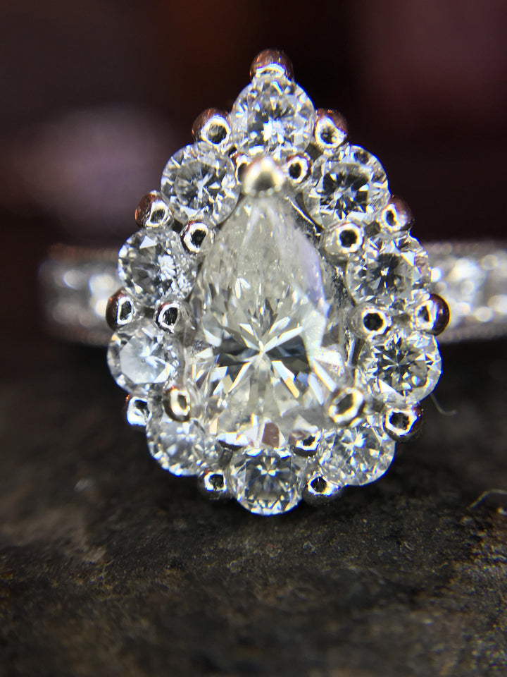 Pear Cut Diamond with Diamond Halo - 14K White Gold - Engagement Ring
