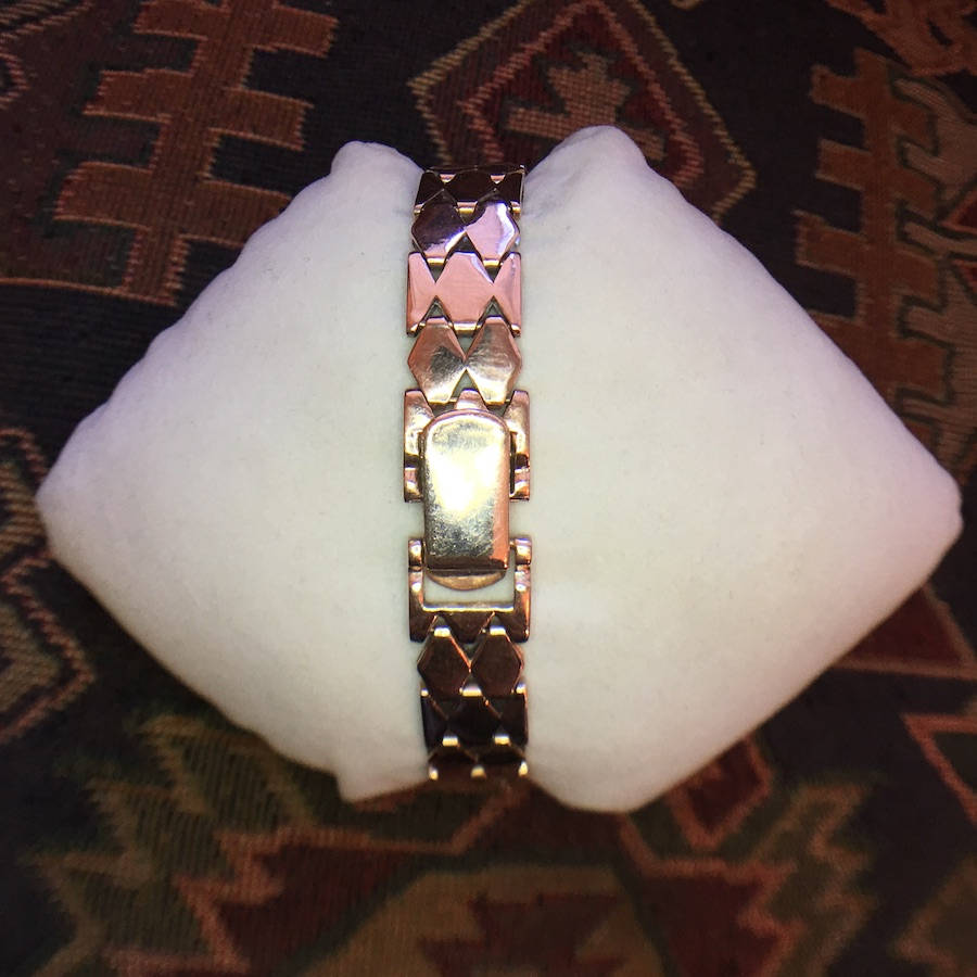 1940s Retro 14K Rose Gold, Diamond, and Ruby Chalet Ladies Winding Watch Bracelet