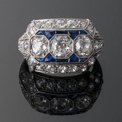 Wide Art Deco Diamond and Sapphire Three Stone Ring in Platinum