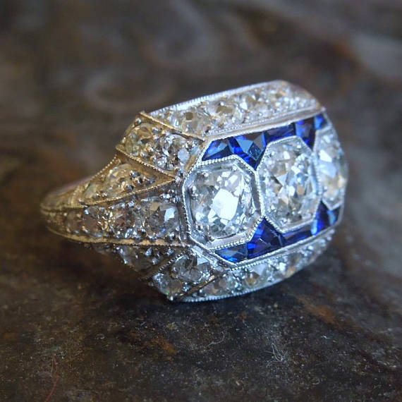 Wide Art Deco Diamond and Sapphire Three Stone Ring in Platinum