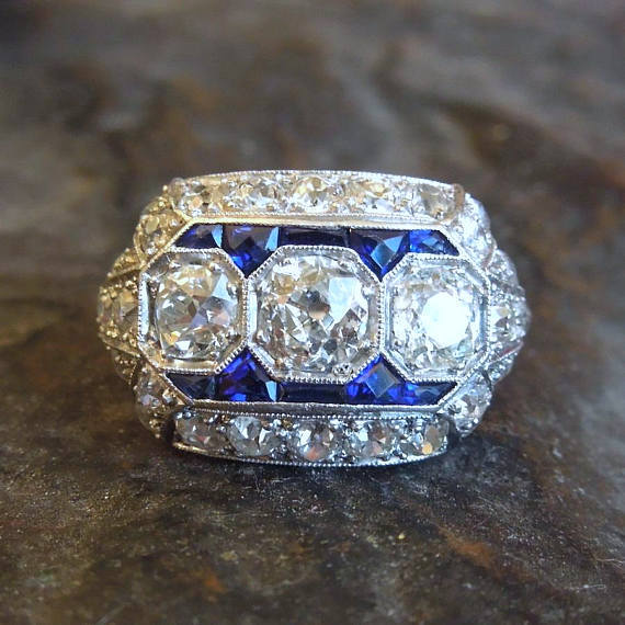 Wide Art Deco Diamond and Sapphire Three Stone Ring in Platinum