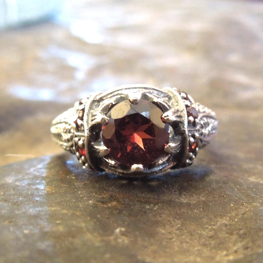 One Carat Fire Garnet Sterling Silver Filigree Ring