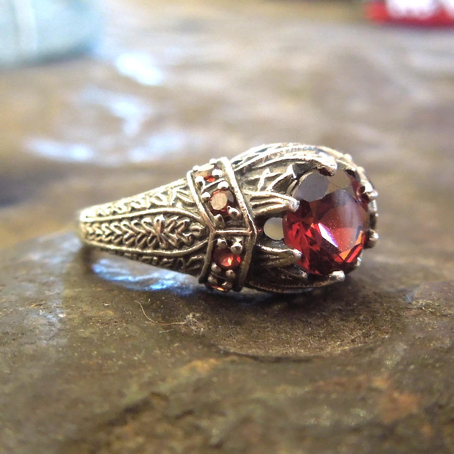 One Carat Fire Garnet Sterling Silver Filigree Ring