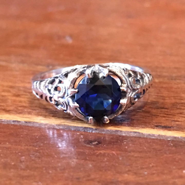 Edwardian Style - Filigree Sterling Silver Ring with Blue Sapphire