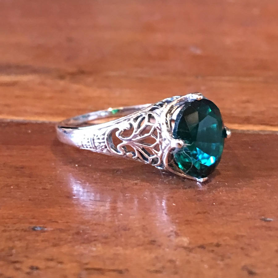 Oval Emerald Colored Quartz in Edwardian Style Sterling Silver Ring