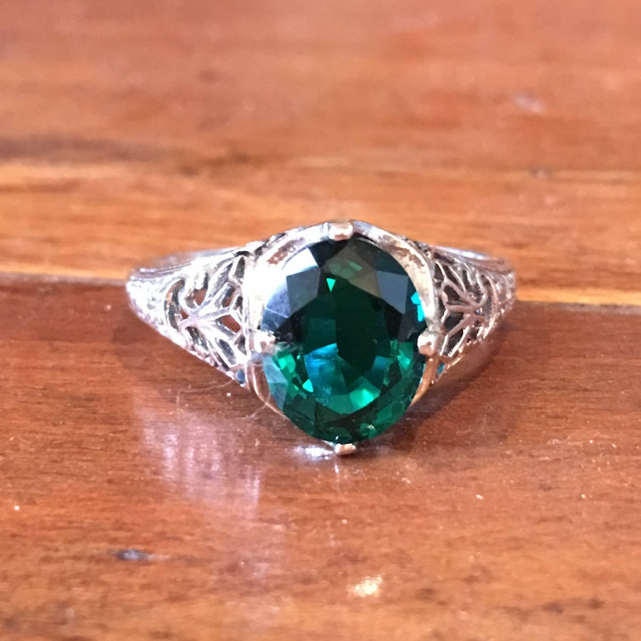 Oval Emerald Colored Quartz in Edwardian Style Sterling Silver Ring
