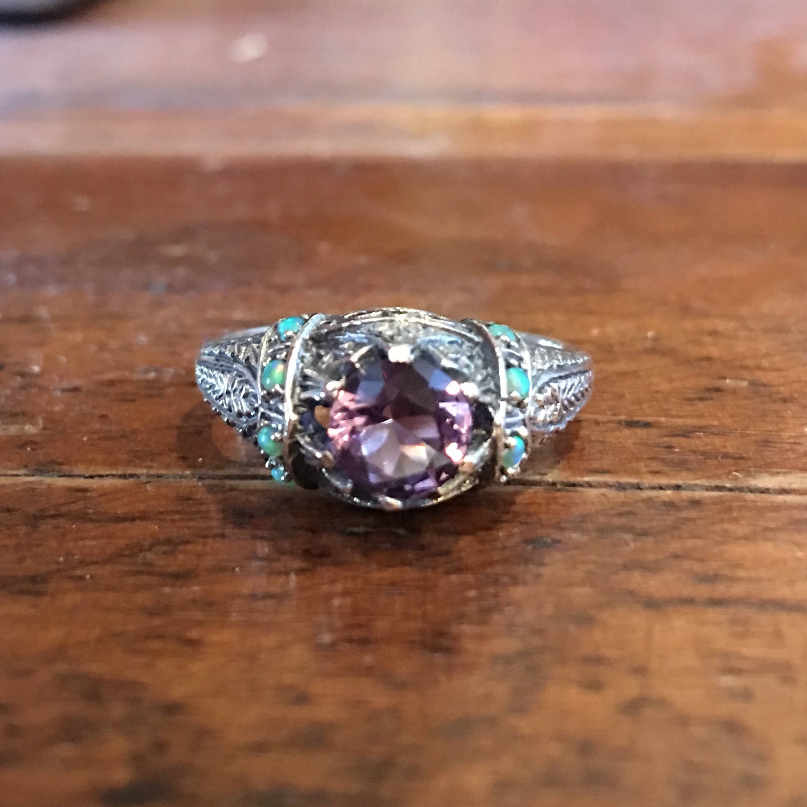 Amethyst and Fire Opal Art Deco Style Ring in Sterling Silver