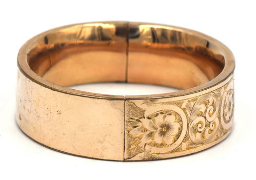 Wide Victorian Era Gold Fill Bangle Bracelet - Engraved