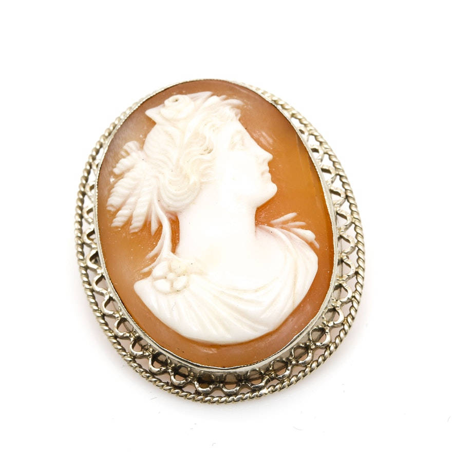 Art Deco White Gold Shell Cameo Brooch / Pin / Pendant