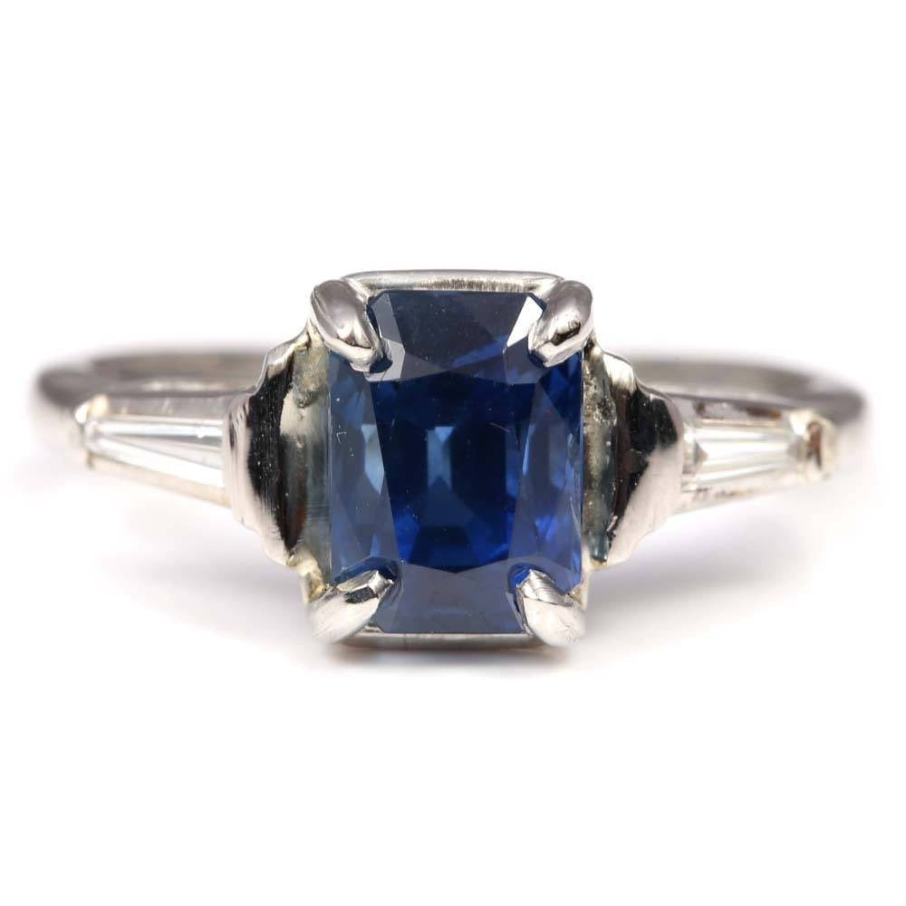 3.19ct Natural Sapphire - Rectangular Cushion Cut with Tapered Baguettes in Platinum