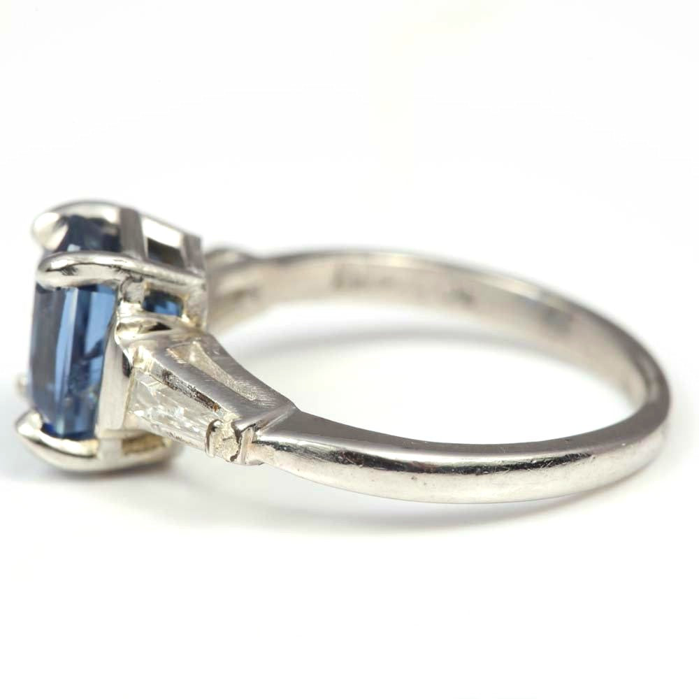 3.19ct Natural Sapphire - Rectangular Cushion Cut with Tapered Baguettes in Platinum